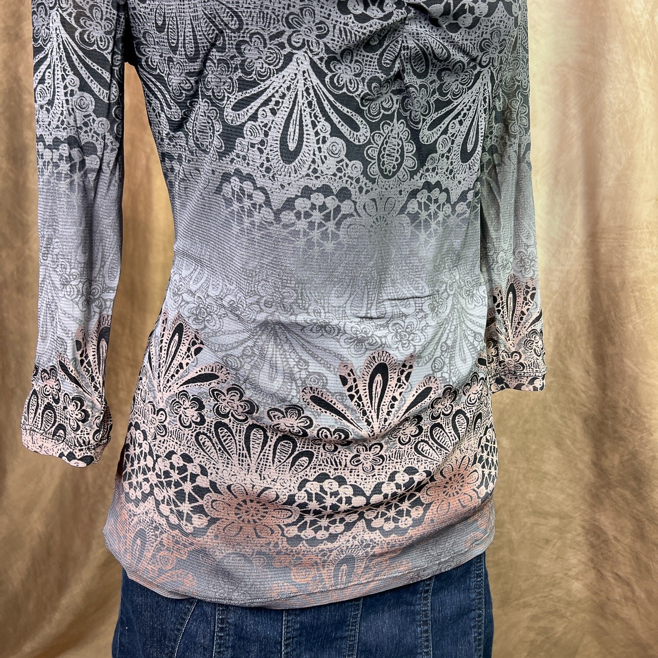 Y2K Boho Grunge Top Paisley Mesh Ombre Floral Cinched Front 3/4 Sleeve Indie