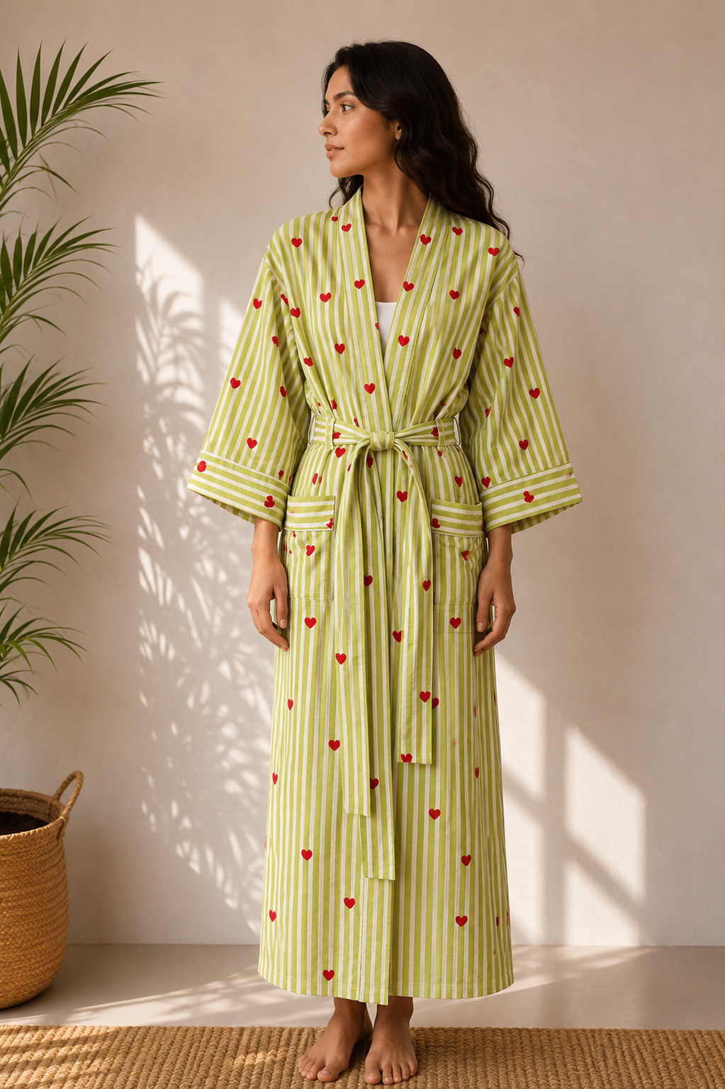Women’s Cotton Kimono Robe Green Stripe Heart Print Long Dressing Boho Bathrobes