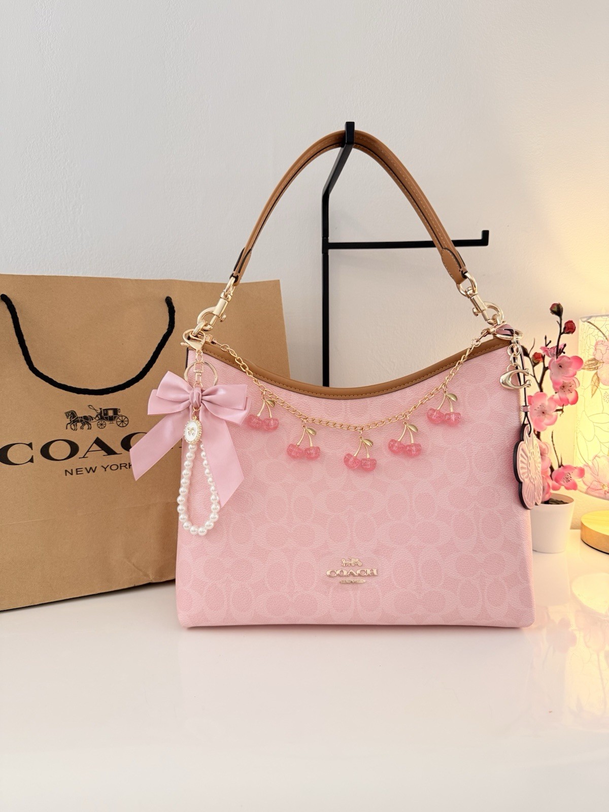Coach Signature Logo Pink Shoulder Bag Zip Adjustable Strap Gold Hardware Charm