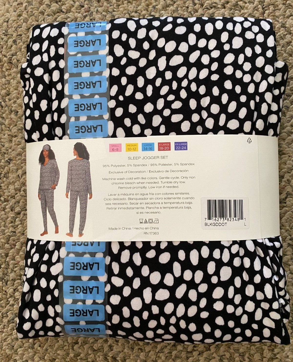 DKNY Jogger Pajama Set with Eye Mask Black Dot Lounge Pajamas Women’s L Large