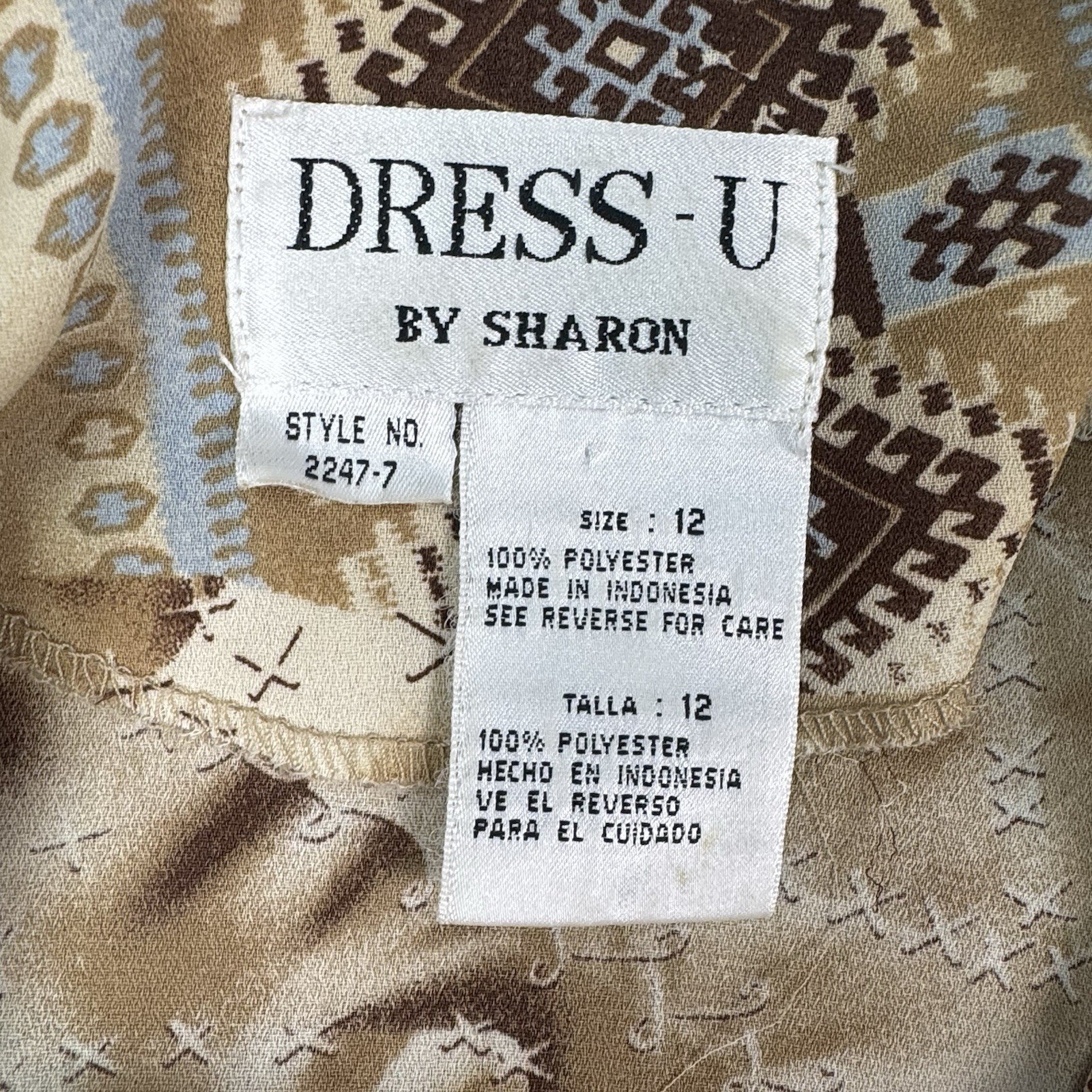 Vtg Y2K Dress-U Sharon Boho Ruffle Blouse Size 12 Tan Geometric Eclectic