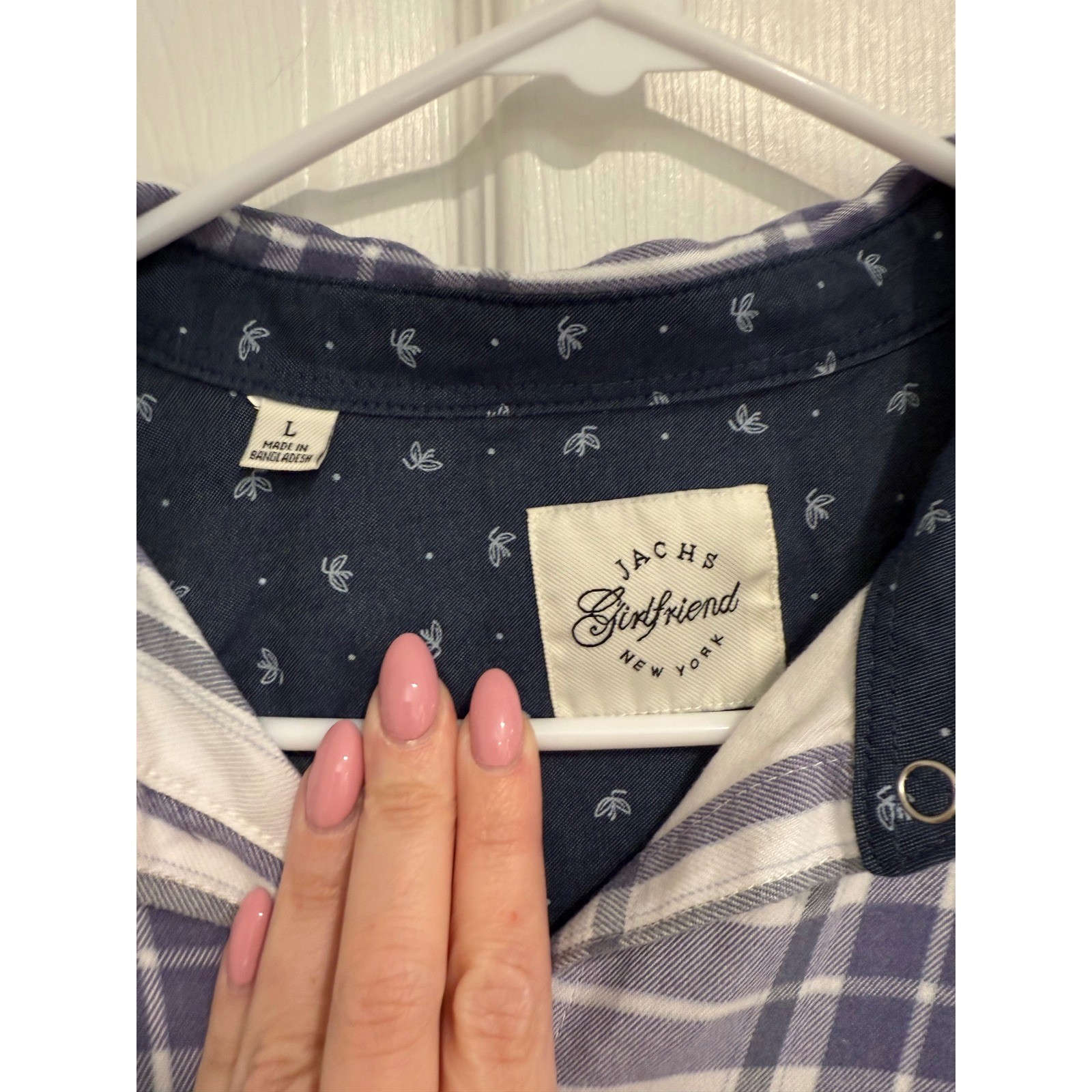 Jachs Girlfriend Womens Large Plaid Flannel Snap Front Shirt Blue White Fleece