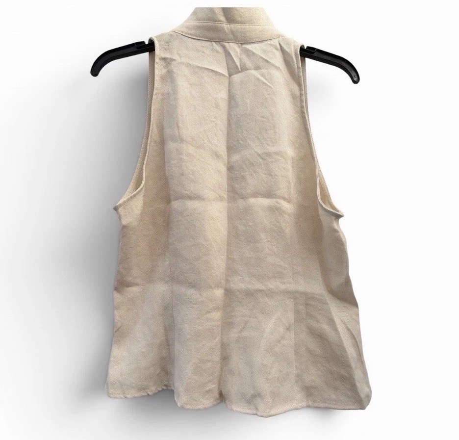 OGL Viscose-Linen Weave Collared V-neck Pleated Sleeveless Top with Drawstring L