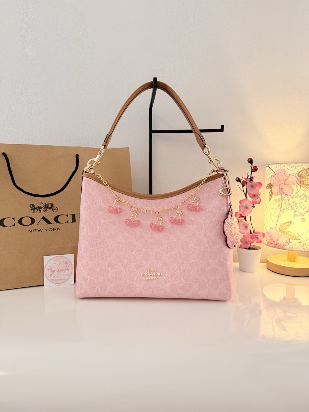 Coach Signature Logo Pink Shoulder Bag Zip Adjustable Strap Gold Hardware Charm