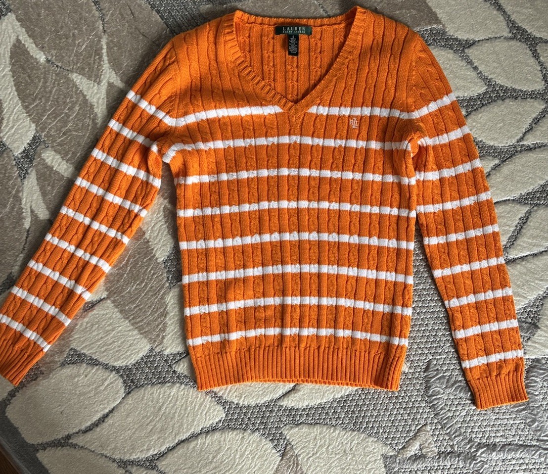 Lauren Ralph Lauren Women’s S Cable-Knit V-Neck Striped Orange/White Sweater