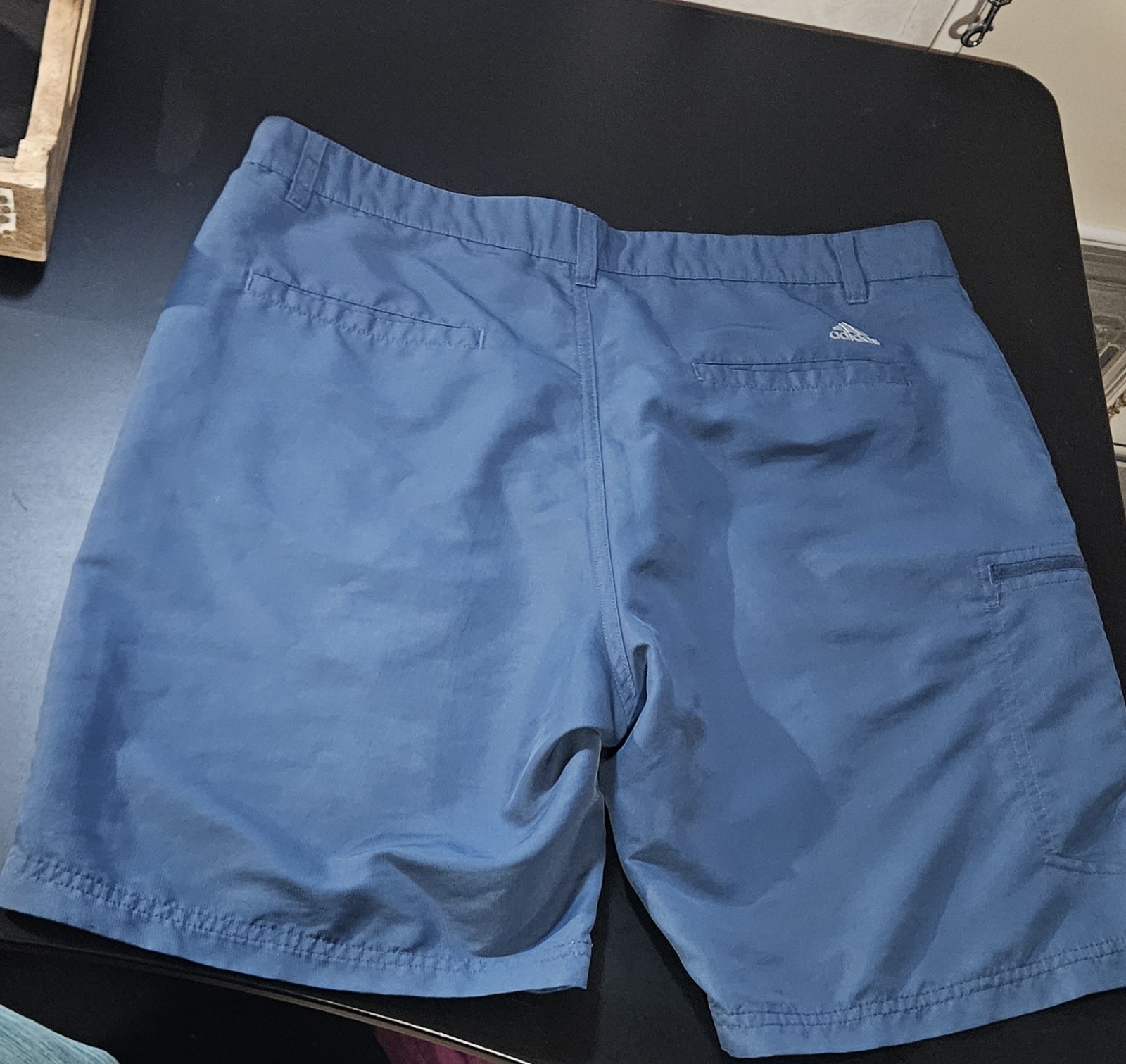adidas Men’s Blue Solid Flat Front Shorts Button Closure Zipper Pockets
