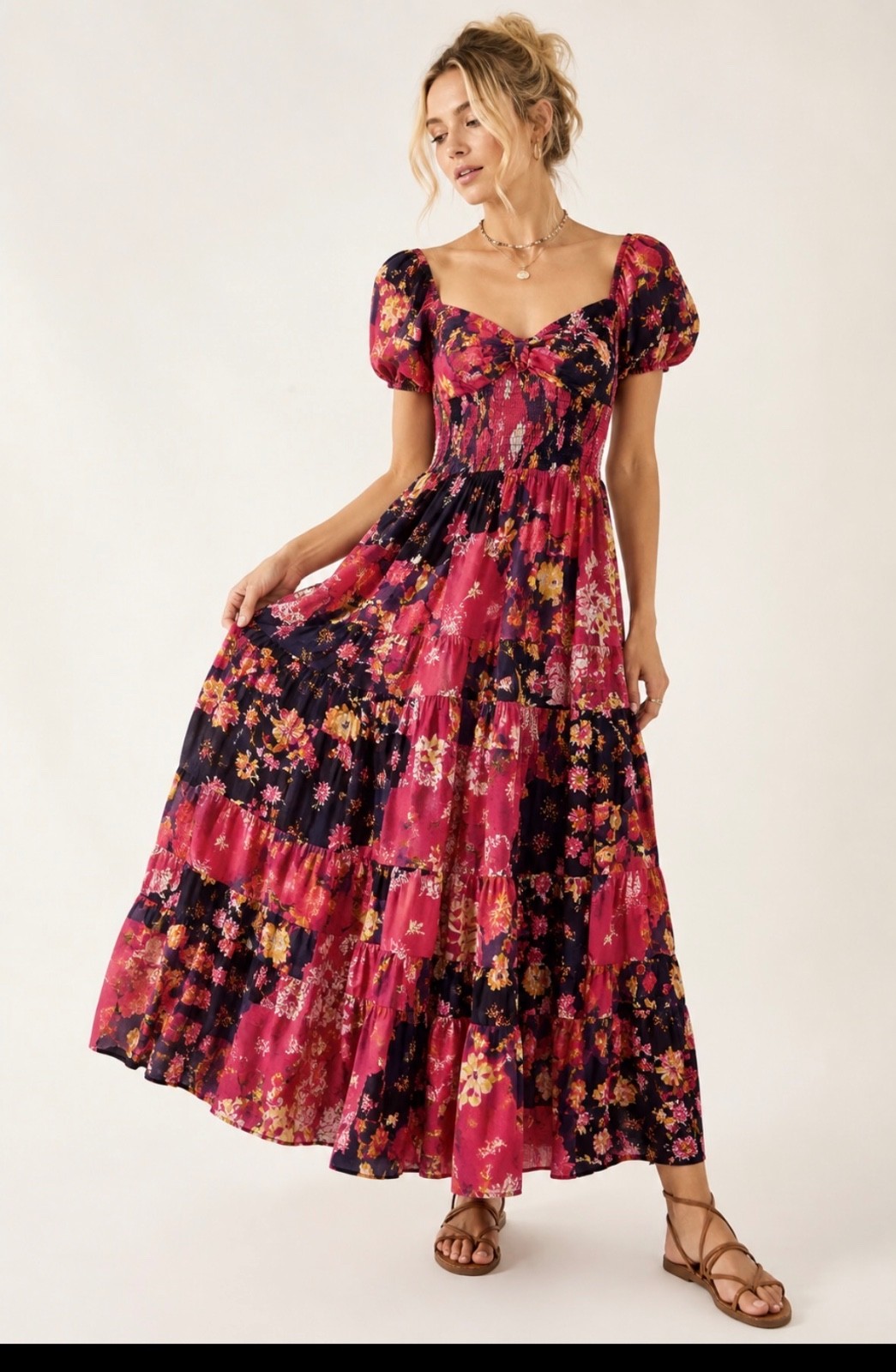 Free People Size S Sundrenched Floral Smocked Maxi Flowy Dress Boho Prairie Y2K