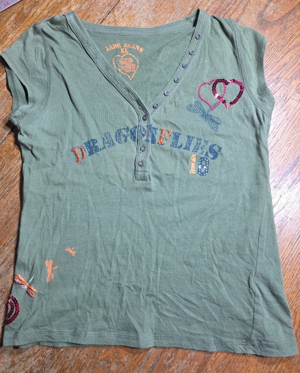 Vtg Y2K Jade Jeans Henley Baby T-shirt Womans Jrs XL Green Army Dragon Fly Bella