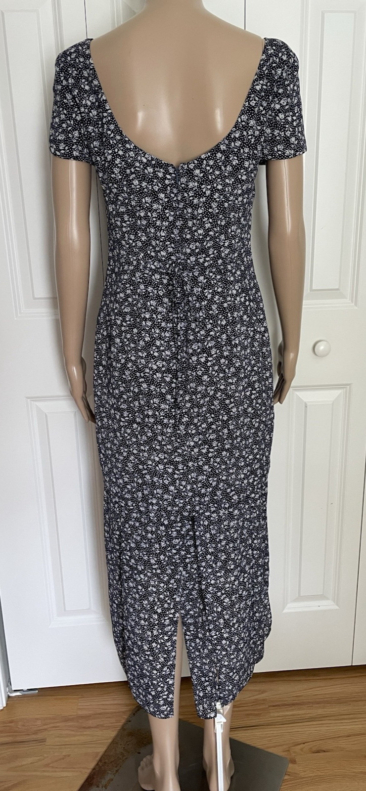 Robbie Bee 8 Navy Blue Floral Back Tie Panel Hemline Overlay Cap Sleeve Dress