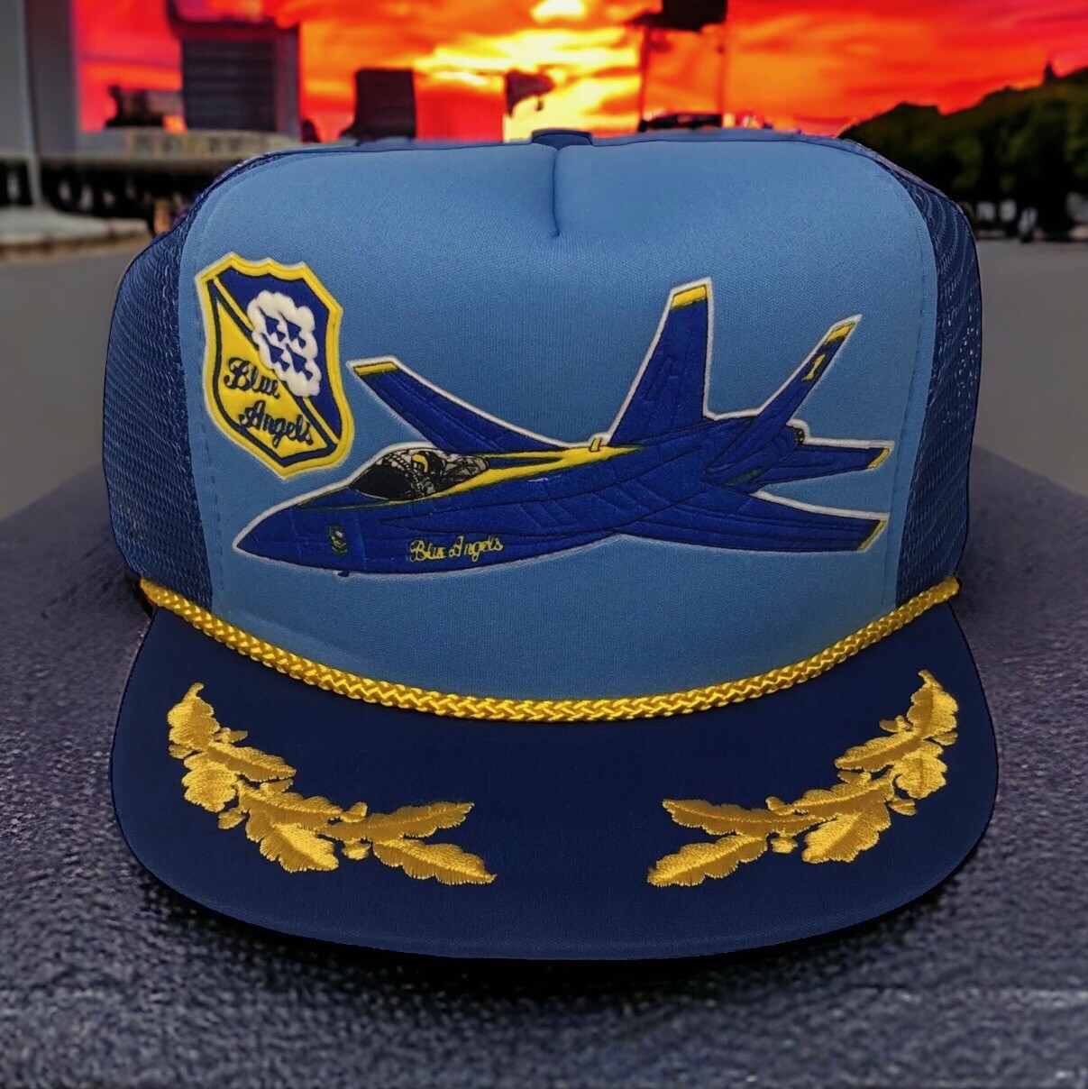 Vintage US Navy Blue Angels Trucker Hat Snapback Mesh Scrambled Eggs F-18 NOS