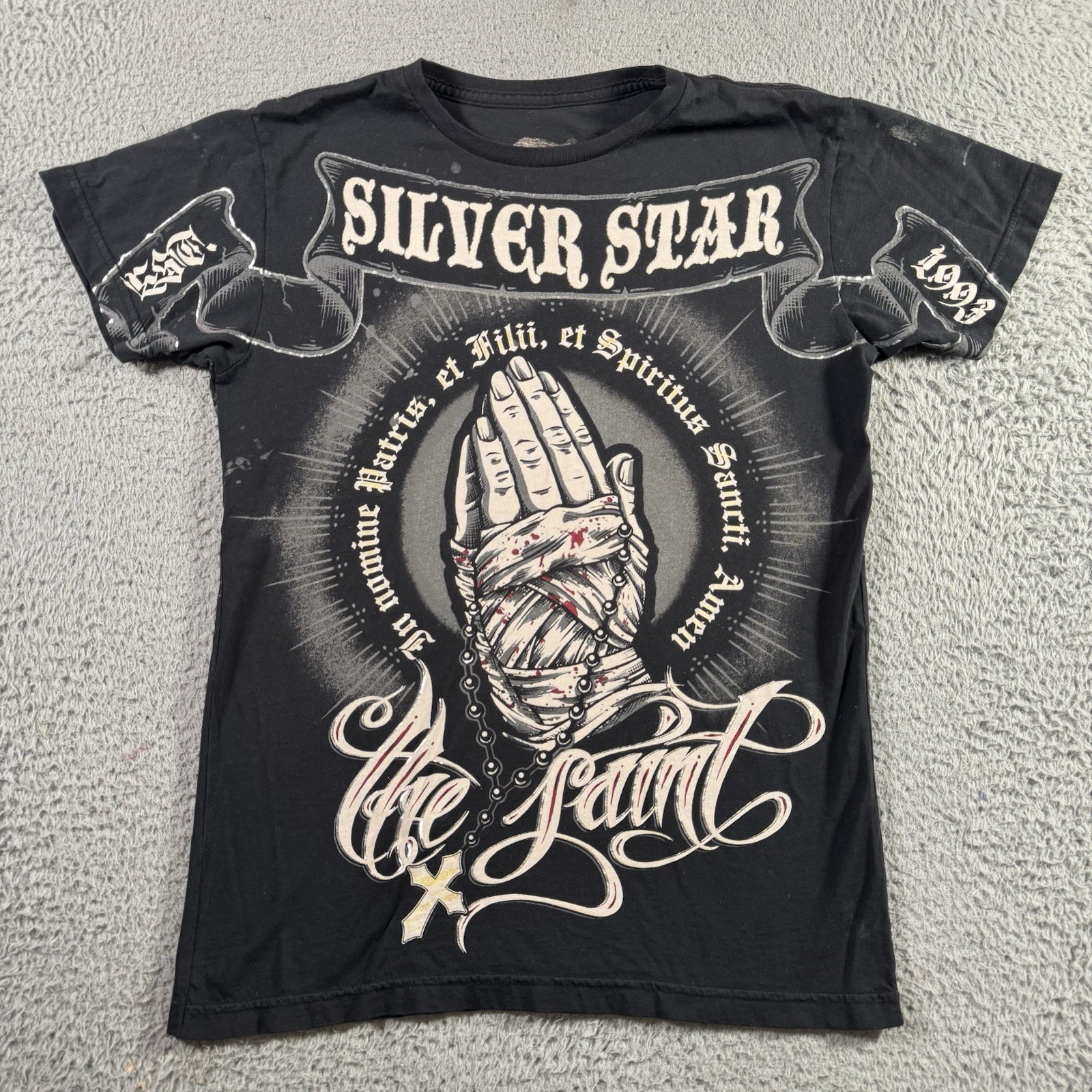 Vintage MMA Silver Star T Shirt Men S Black Affliction UFC USA Buckle Grunge Y2K