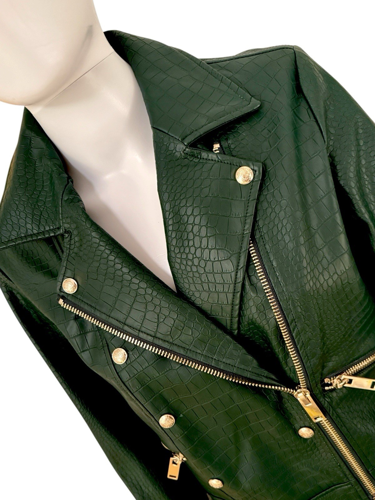 Catherine Malandrino Women’s Green Croc Animal Print Biker Jacket Zip Pockets S