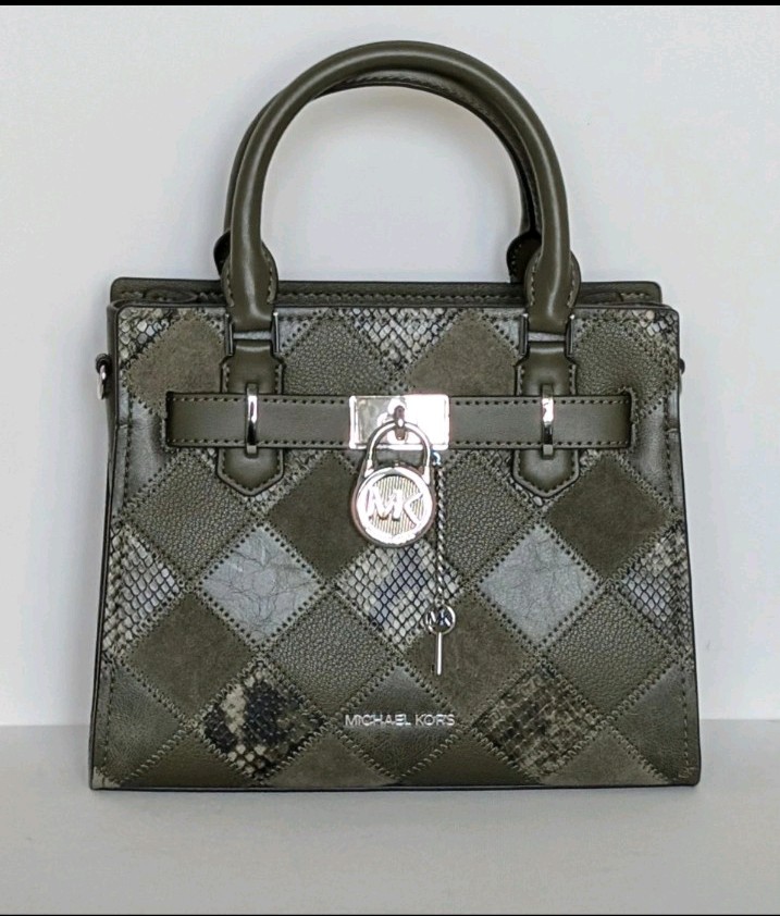 NWT Michael Kors Hamilton Small Satchel Bag Olive Green Snake Embossed Patch NWT