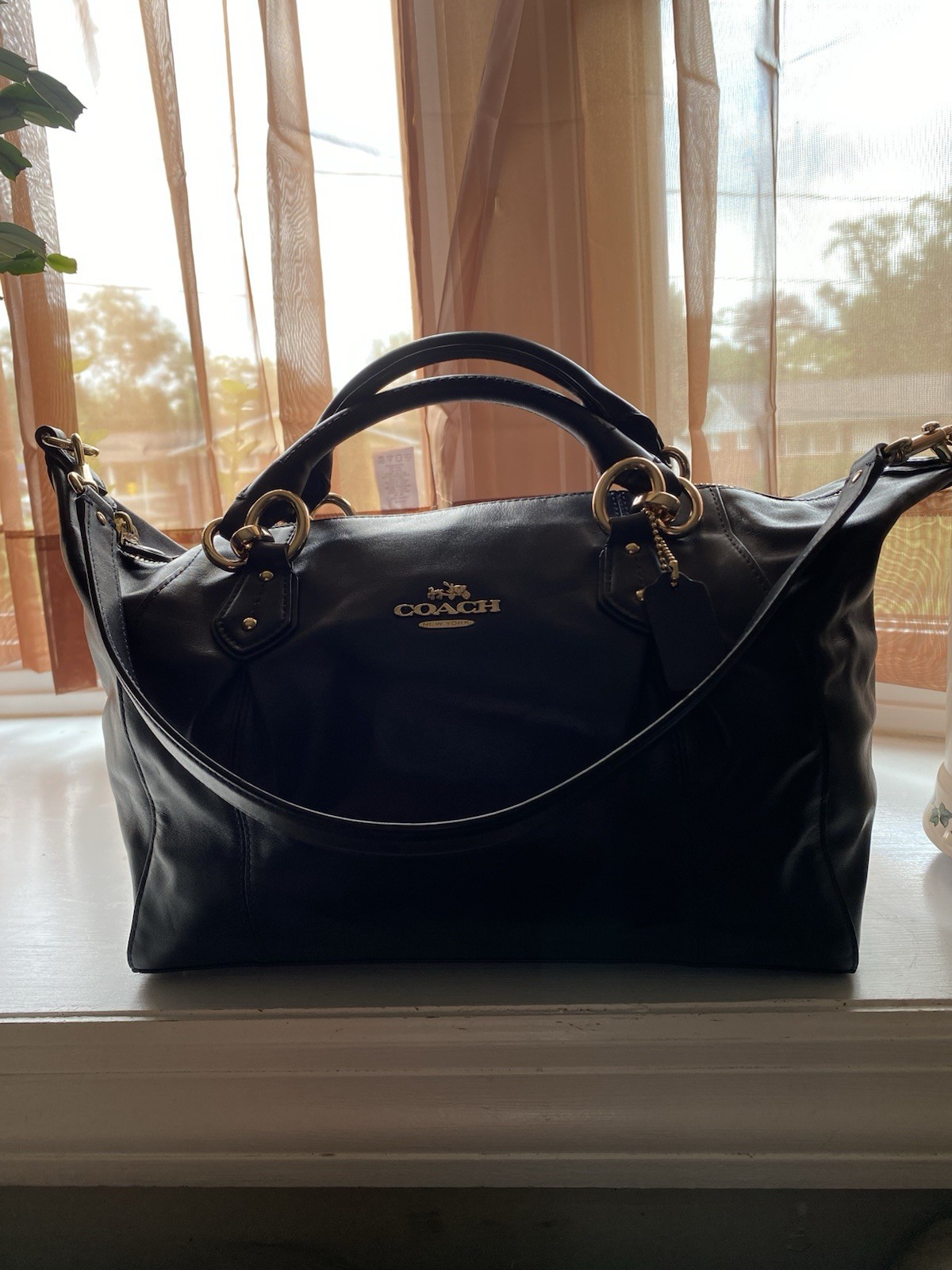 Coach Large Navy Satchel Top Handle Zip Closure Detachable Strap Gold Hardware