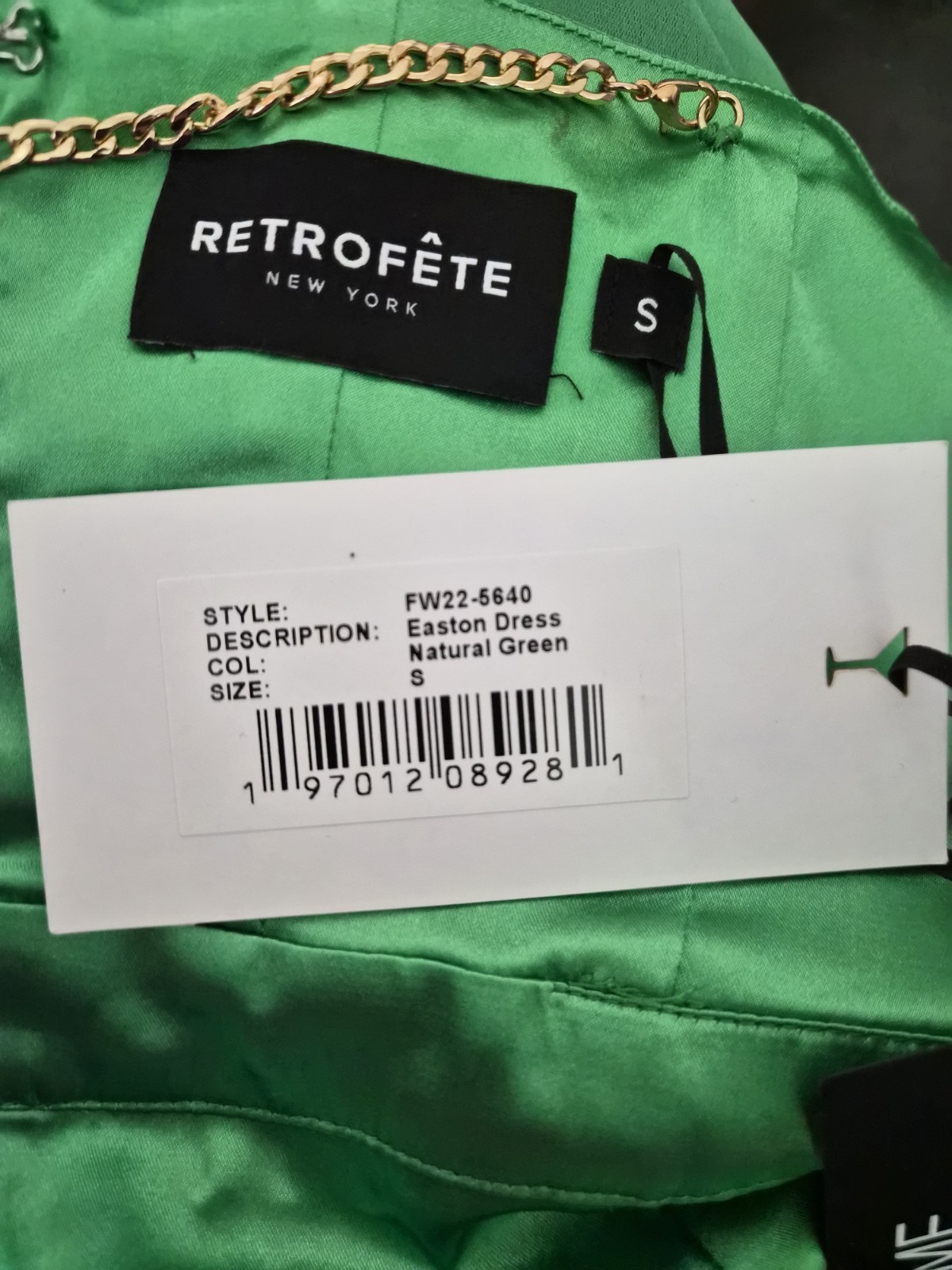 Retrofete Easton Chain Strap Mini Dress Green Satin Size Small NEW Flawed
