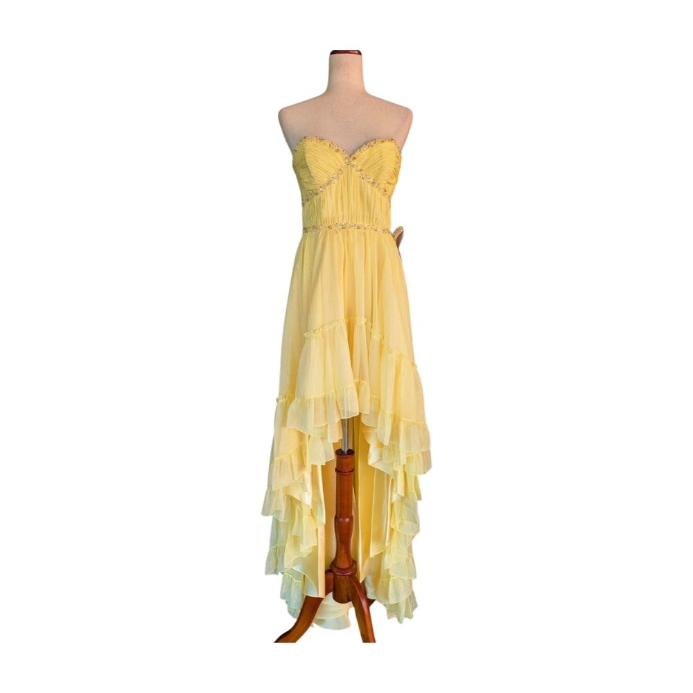 NWT MAC DUGGAL Beaded Strapless Chiffon High Low Evening Dress Lemon 68096 SZ 4