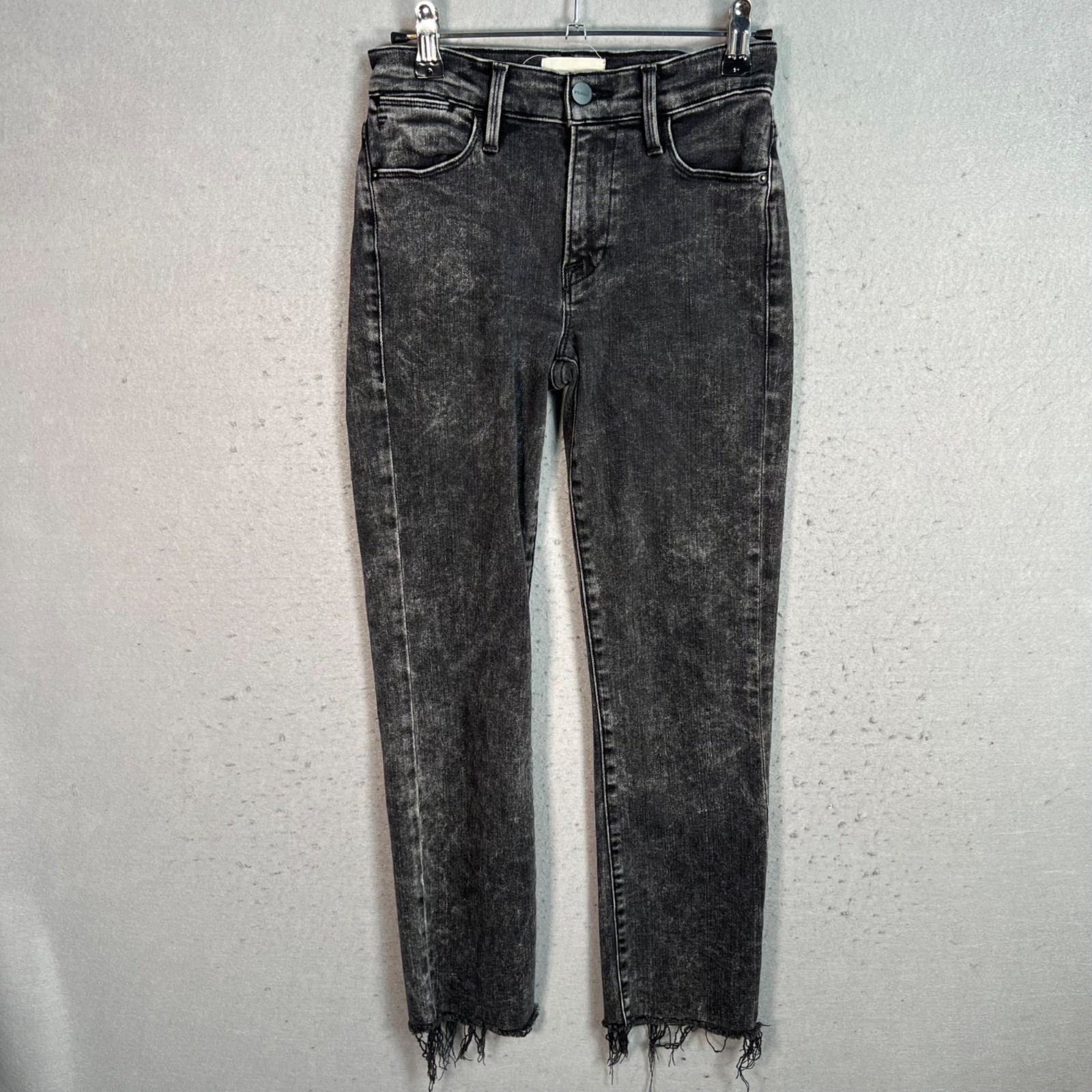 Frame Le High Straight Jeans Size 24 Black Distressed Frayed Hem Denim