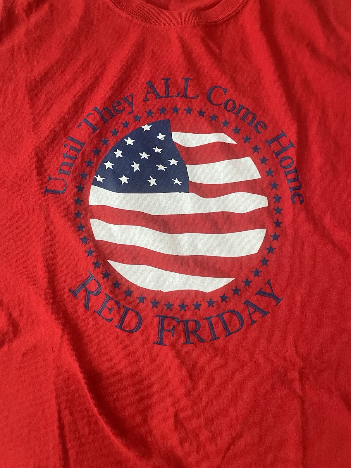 Gildan Men’s Tshirt XL Red “Until They All Come Home Red Friday” Blue Stars Flag