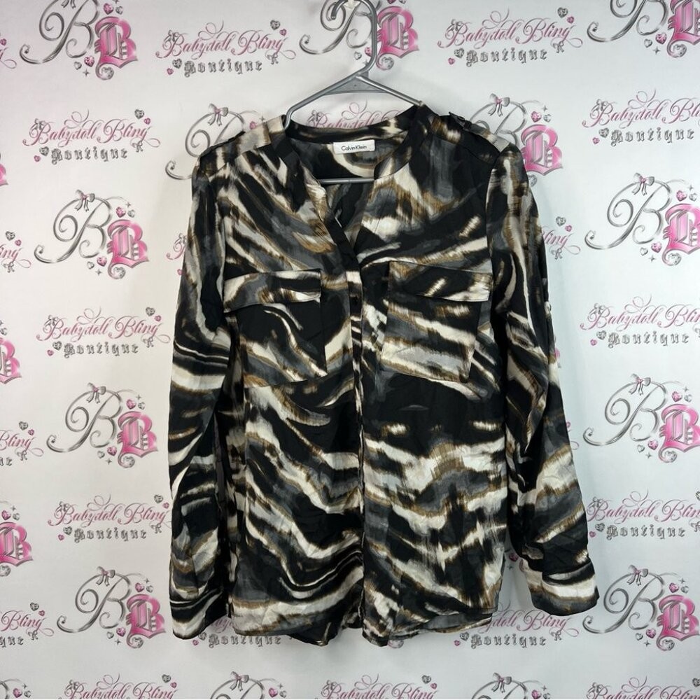 Calvin Klein long sleeve blouse multicolor brown black tan Zebra Print Blouse