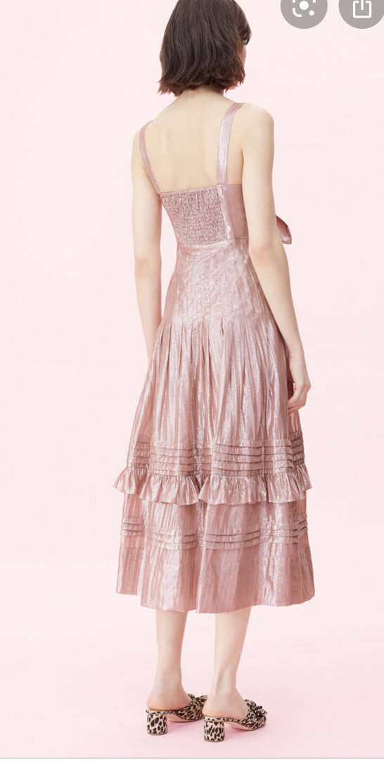 Rebecca Taylor Chiffon Bow Tie Metallic Shimmer Pink Pleated Midi Dress 14