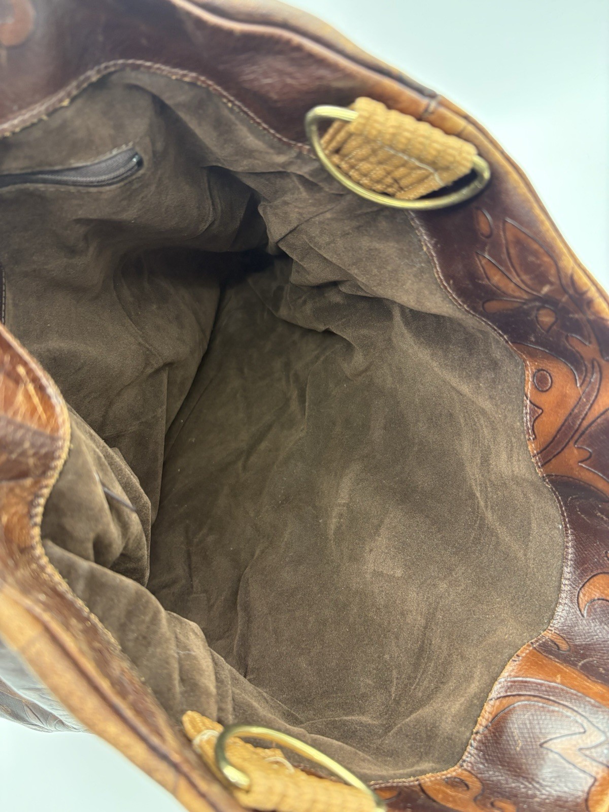 FALOR Italy Tote Bag, Tan Brown Leather Embossed Paisley Large Bag, 16″ x 16″