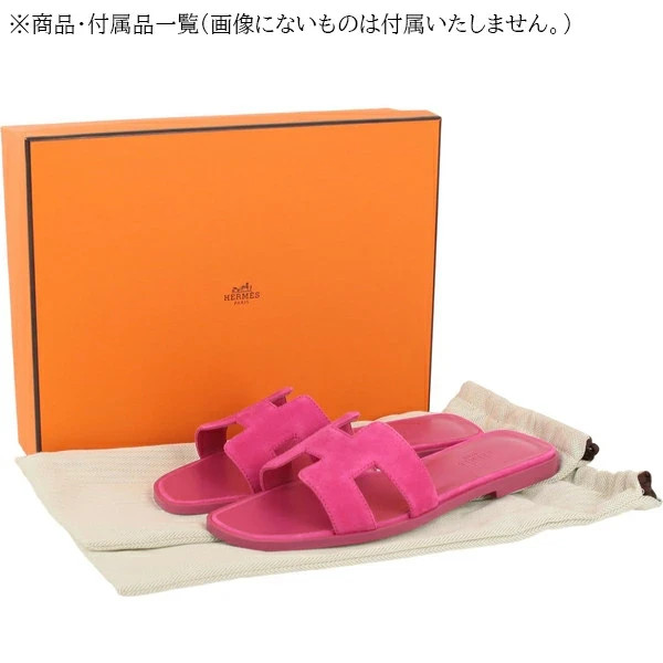 New Auth HERMES ORAN SANDAL Velor Chevre leather Pink Flat 37 size Women