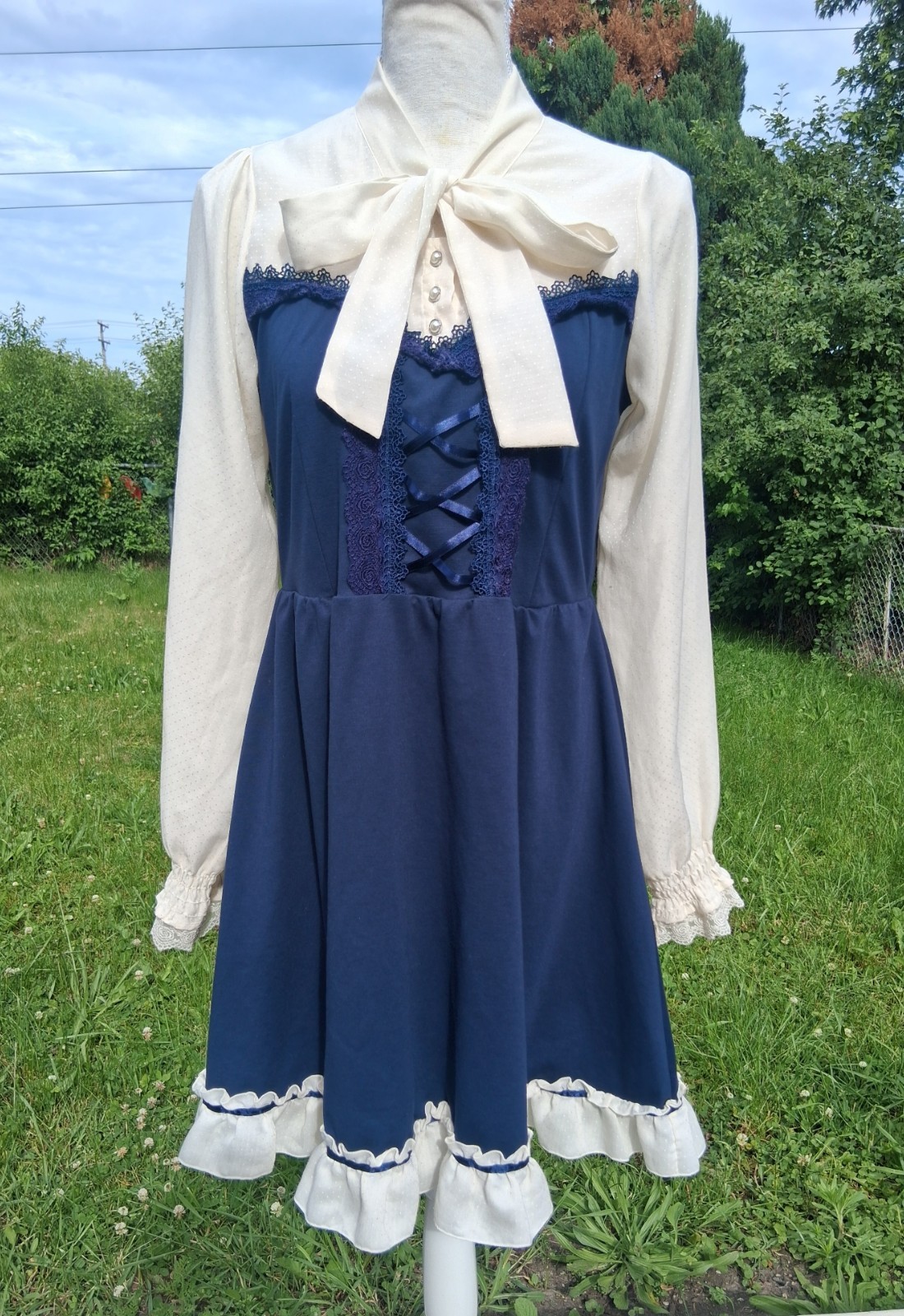Axes Femme Otome Kei Dress Navy Ivory Lace Corset Ribbon Bow Kawaii Ruffle Sz M
