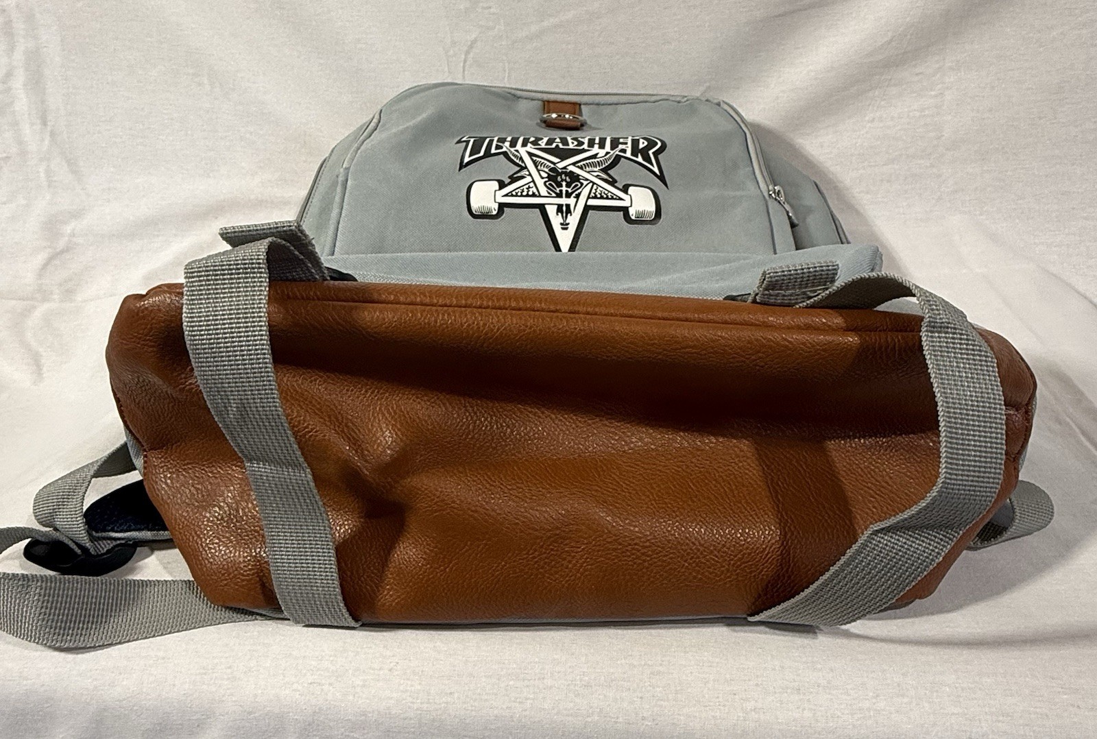 Thrasher Gray/Brown Logo Large Backpack Zip Closure, Pockets, Padded Straps