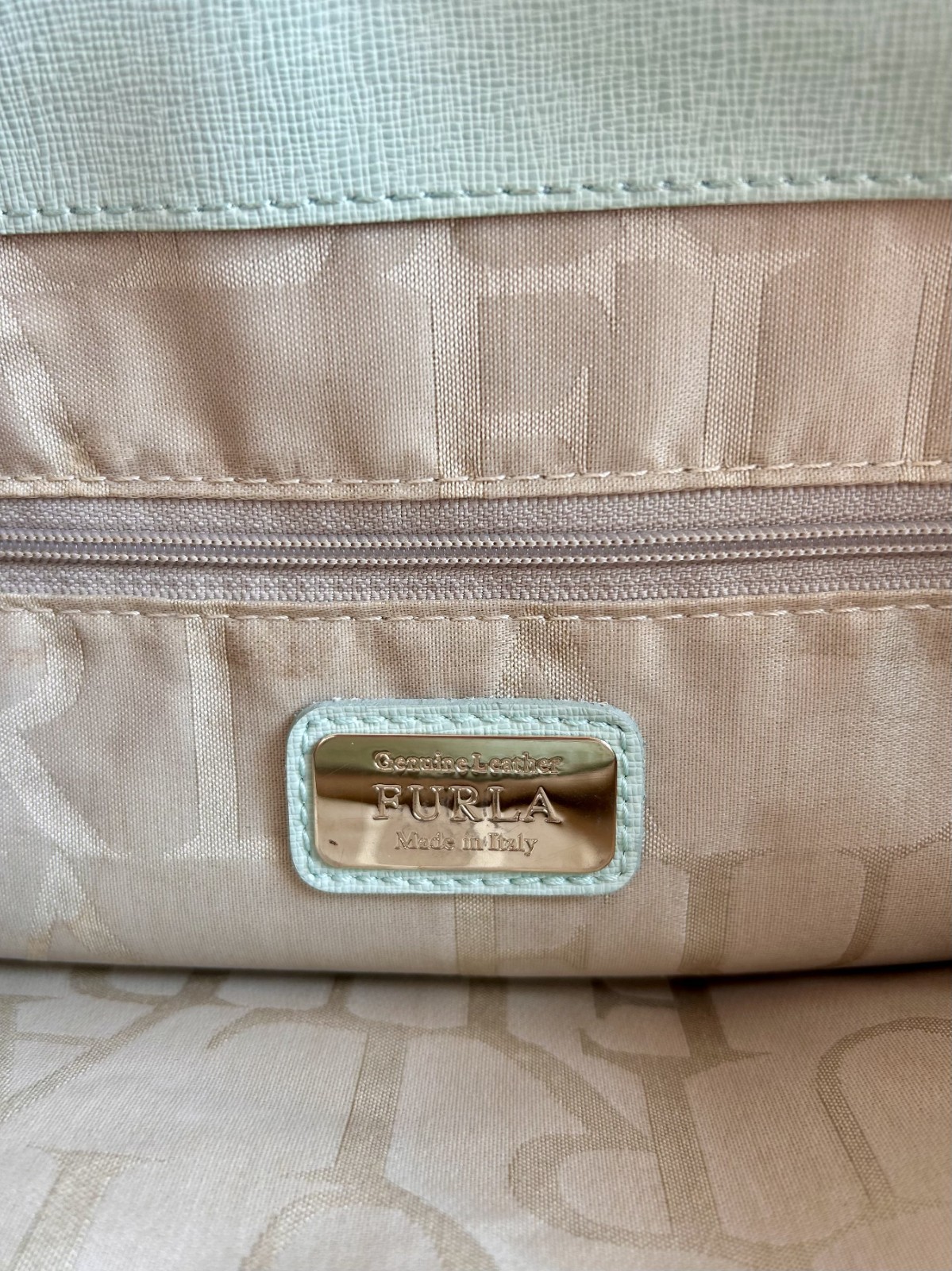 Furla Mint Green Divide It Leather Tote Bag Medium Handbag Gold Hardware Italian