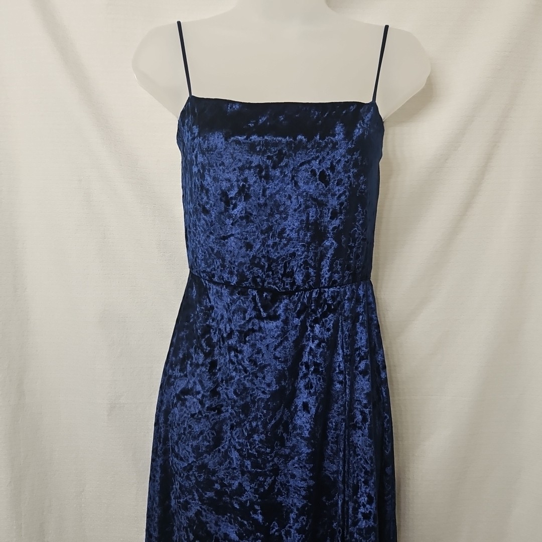Womens Sz Lg Blue Crushed Velevet Maxi Dress High Slit Spaghetti Strap Stretch