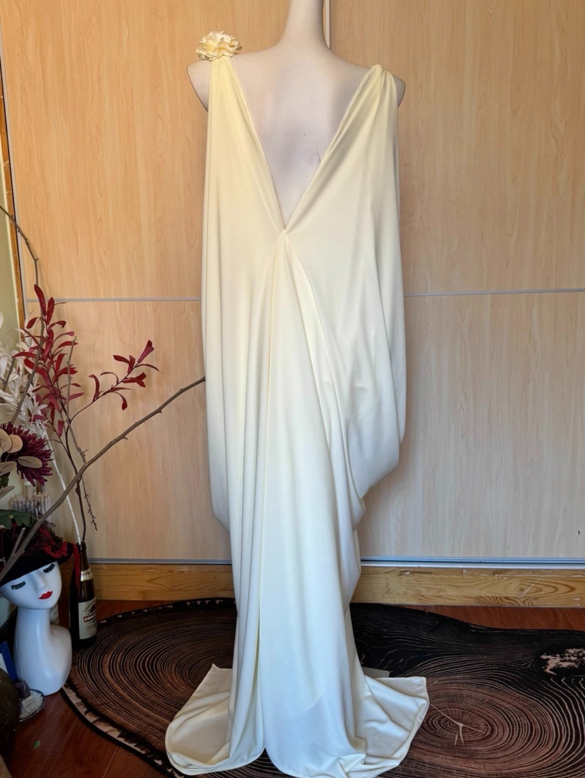 Handmade Greek Goddess Maxi Dress V Neck Backless Draped Floral Ivory Gown