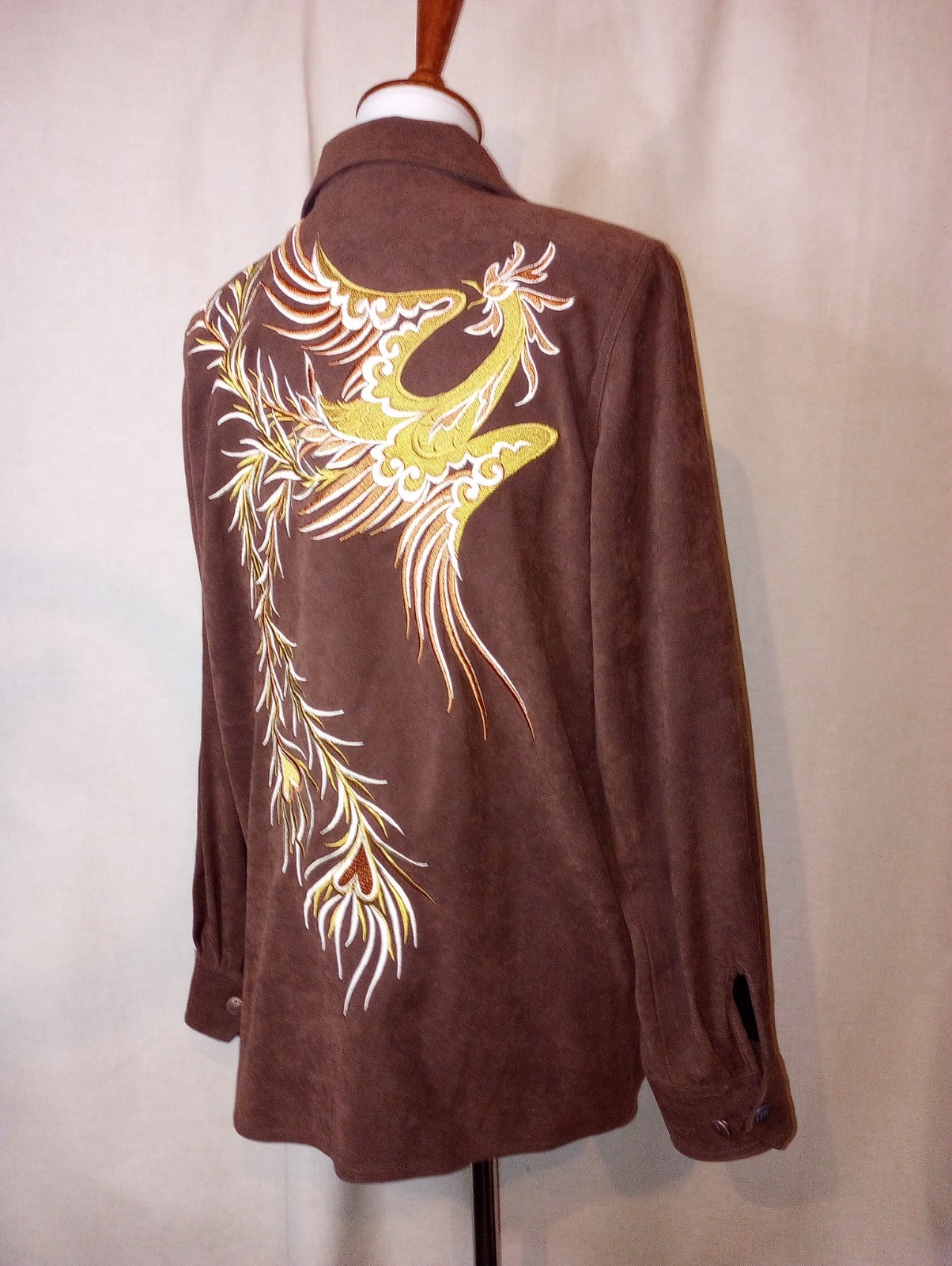 Bob Mackie Vtg Phoenix Wearable Art embroider zip jacket brown faux suede Small
