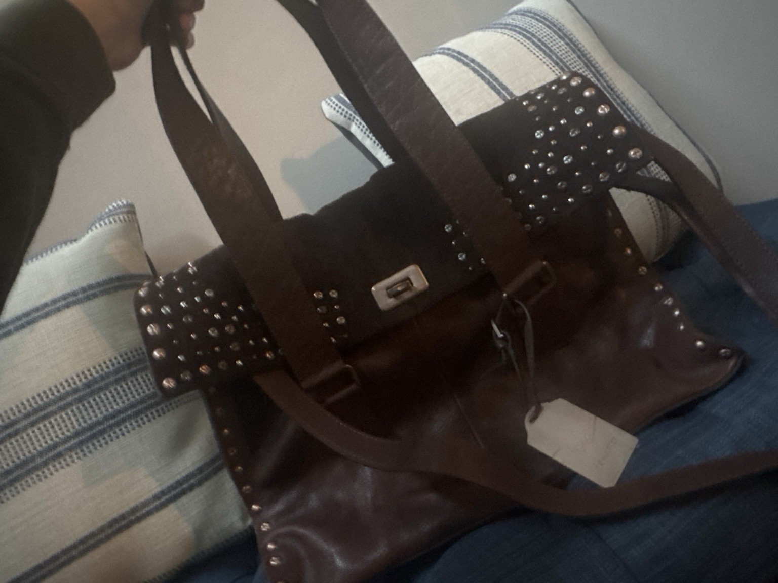 Free People Brown Studded Large Satchel Top Handle Bag Detachable Strap