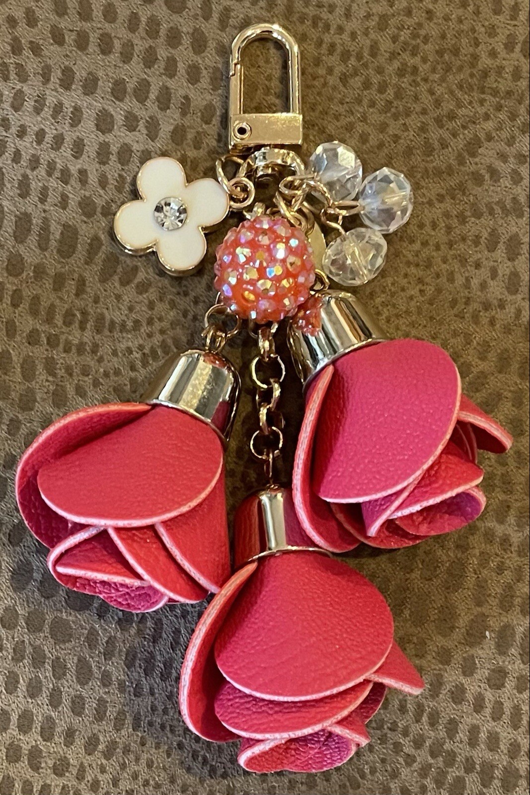 WATERMELON RED REDDISH PINK LEATHER ROSE TASSEL DISCO BALL RHINESTONE BAG CHARM