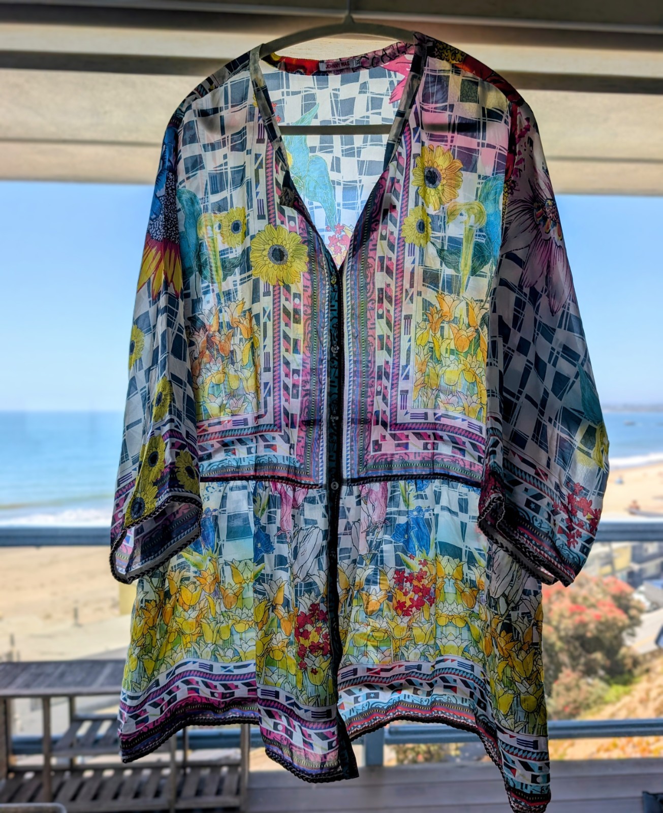 Johnny Was 100% Silk Tunic Floral Sunflower Print Boho Oversized Kimono