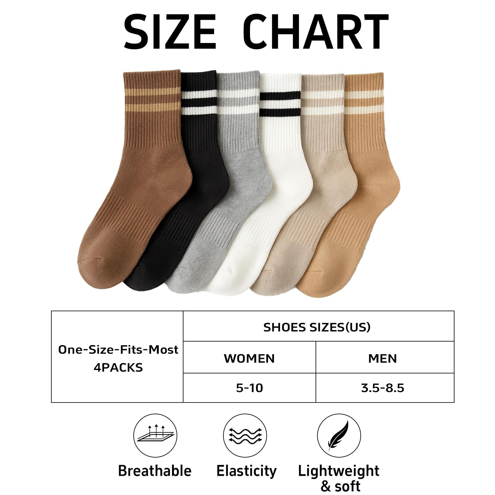 4 Pairs Womens Striped Crew Socks, Cozy Cute 4 Pairs-black/Grey/Khaki/Coffee