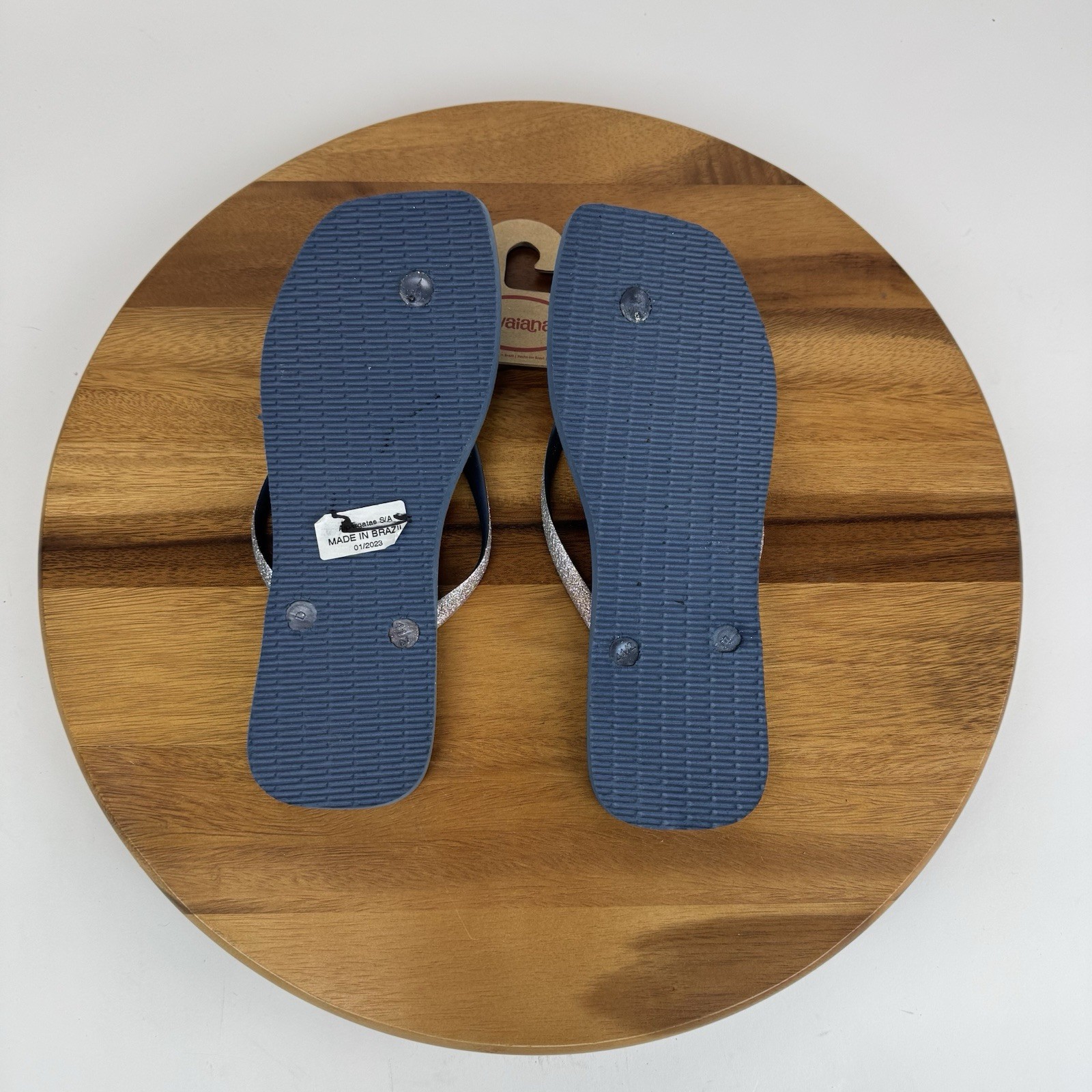 New Womens Havaianas Slim Square Blue Glitter Flip Flops Thong Sandals Size 11 M