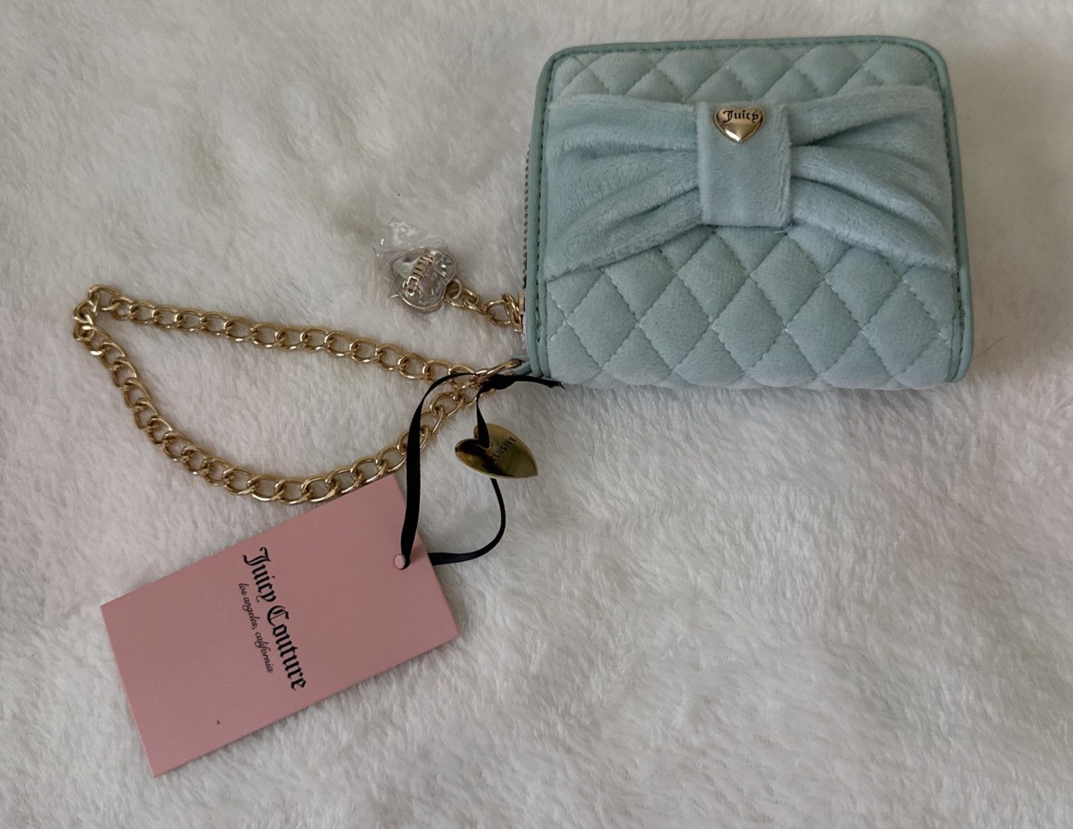 NWT! Blue JUICY COUTURE Bow ID Zip CARD CASE Wallet CHAIN Organizer WRISTLET