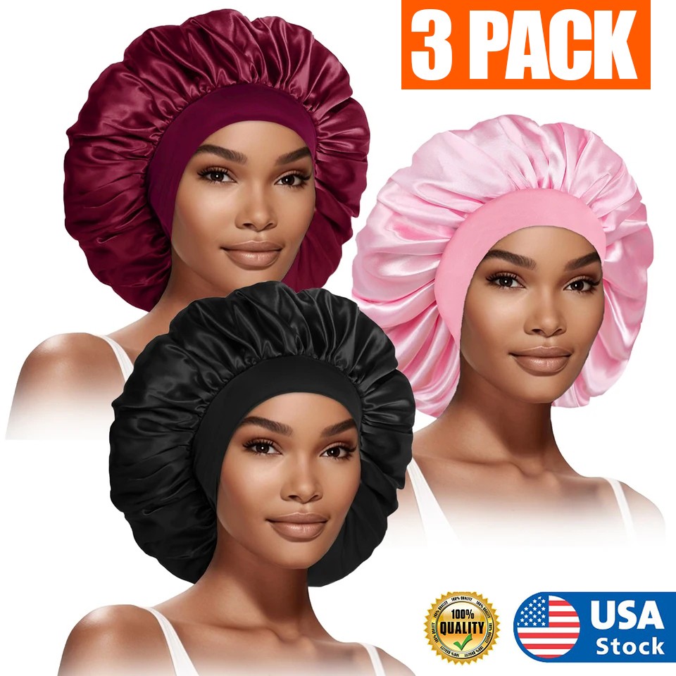 3*Satin Bonnet Silk Hair Bonnet,Sleep Bonnets for Women Large Wide Soft Band Cap