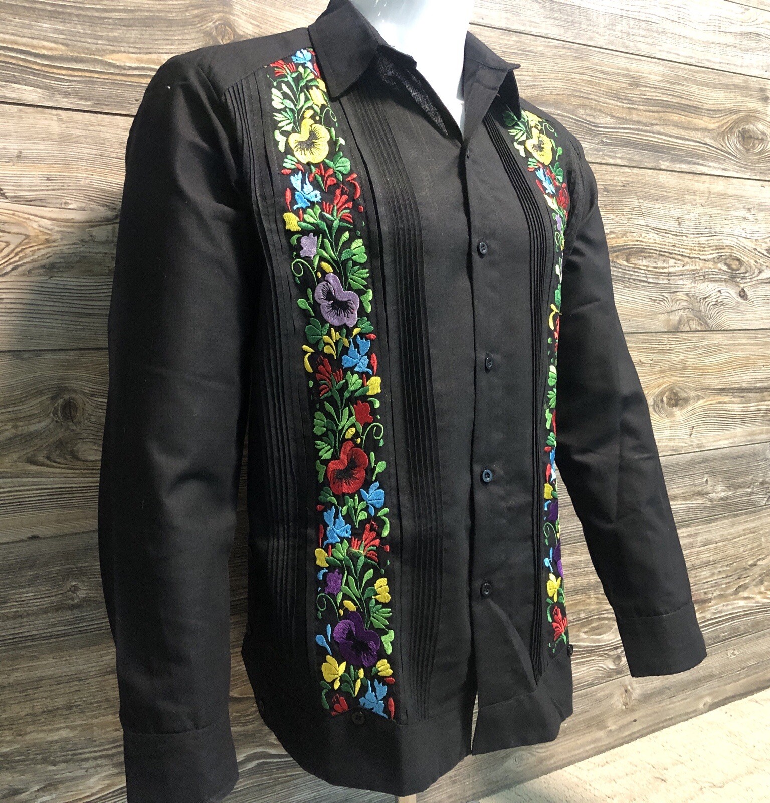 Men Mexican Guayabera Wedding Shirt Black Linen Multi-Color Flower Embroidery