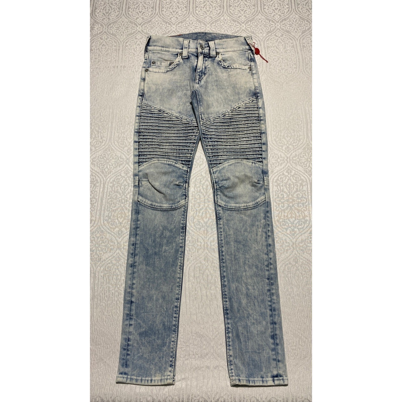 True Religion Pleated Moto Skinny Jeans Light Acid Wash Blue Size 27