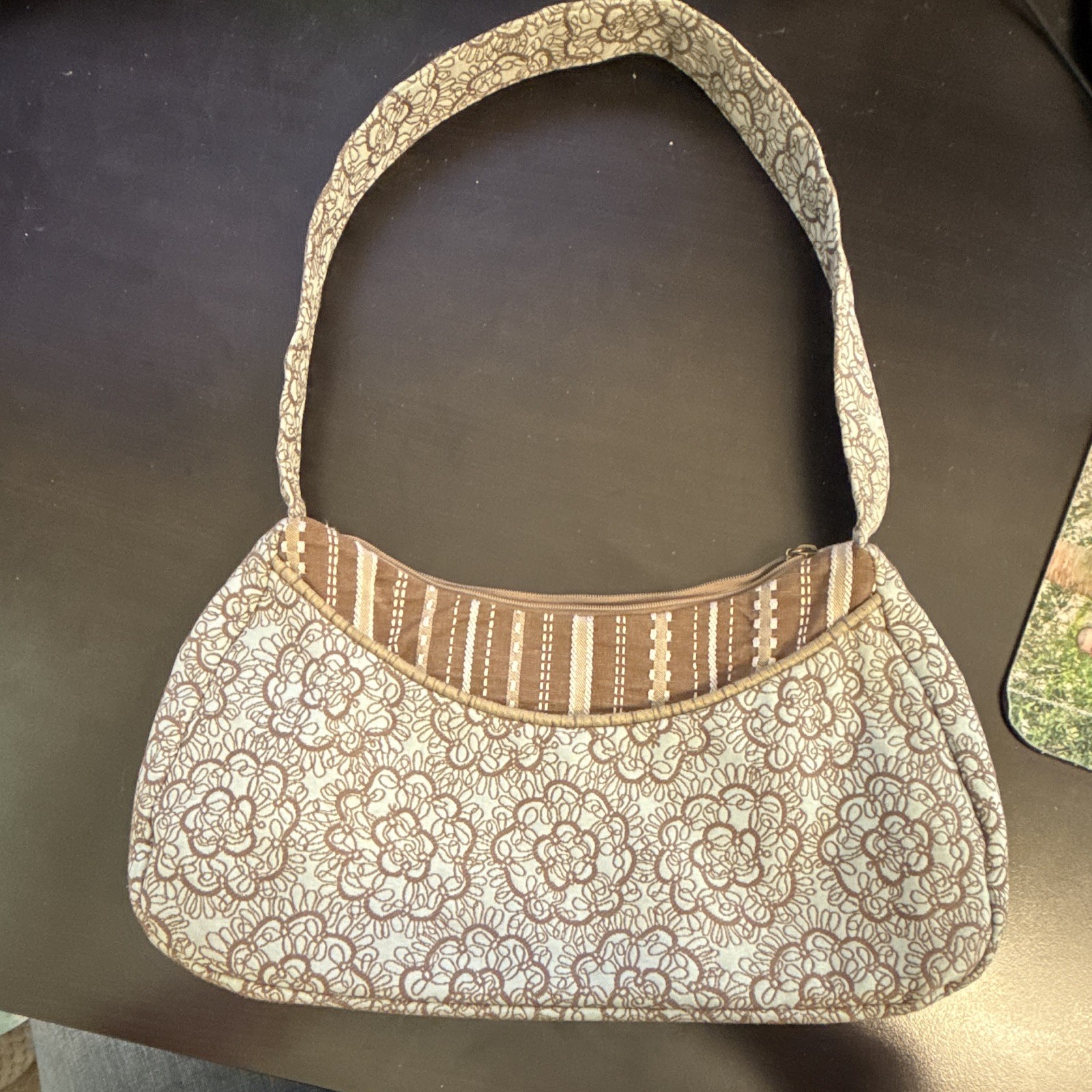 Brown & Beige Floral Crescent Shoulder Bag Purse for Women, Casual, Stitching
