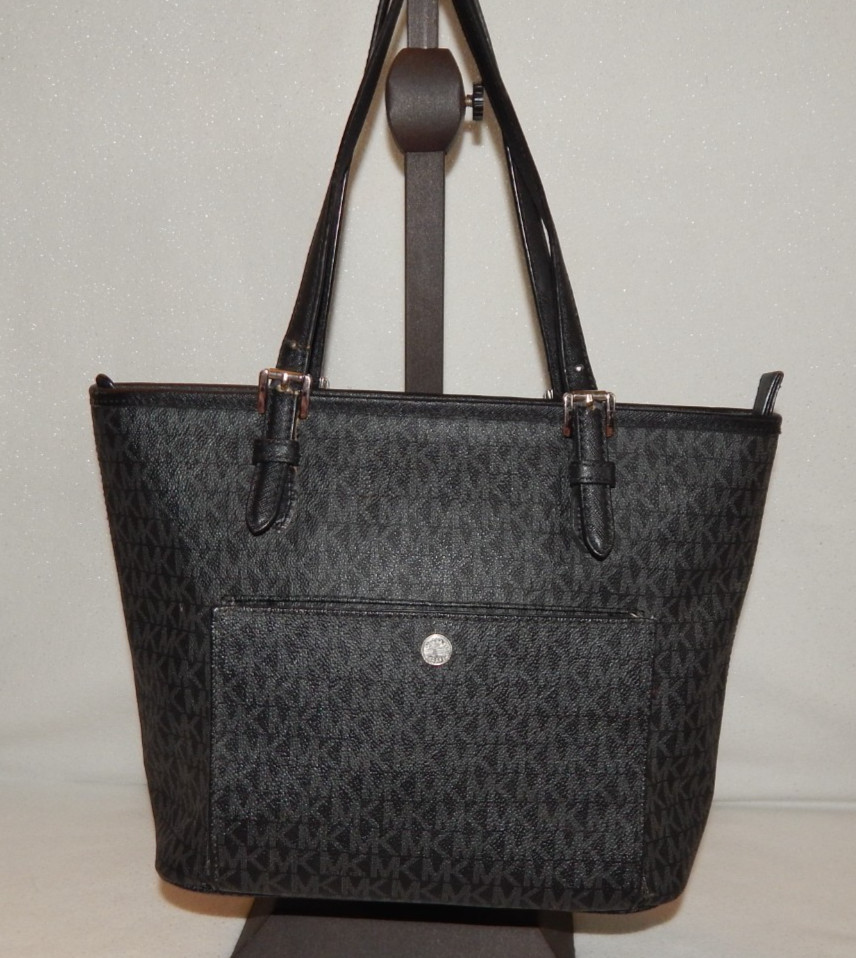 Michael Kors Handbag Purse East West Jet Set 30S7STTT8B MK Snap Pocket Black