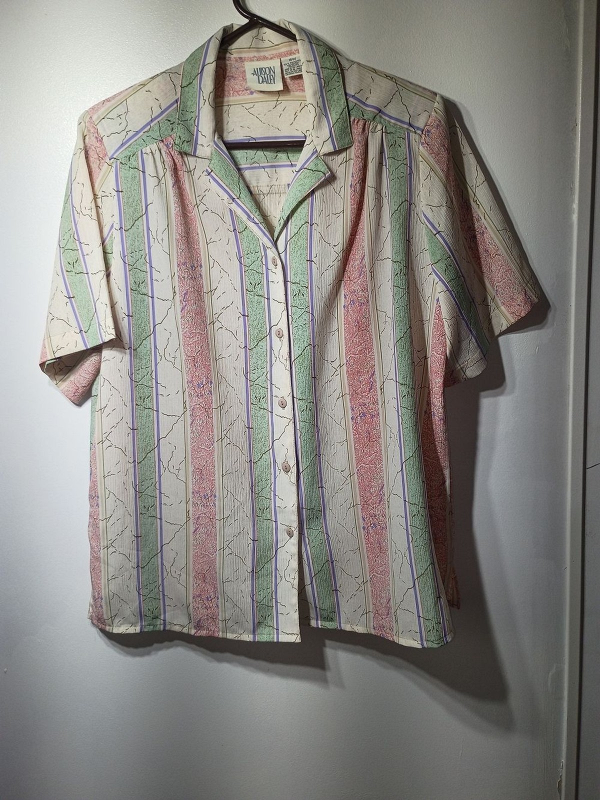 Allison Daley Cream Button-Down Top with Pink, Green and Purple Stripes