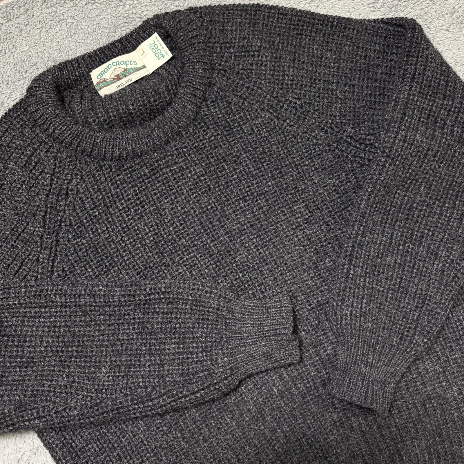 Vintage Aran Crafts Irish Fisherman Knit Sweater Dark Gray Chunky Wool Ireland