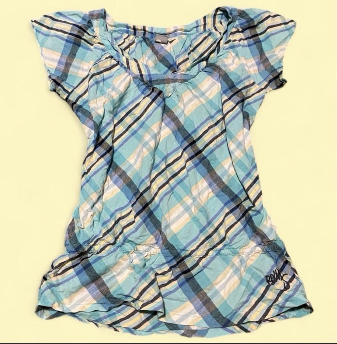 Roxy Women’s Blue/White Plaid Short Sleeve Scoop Neck Pullover Blouse M