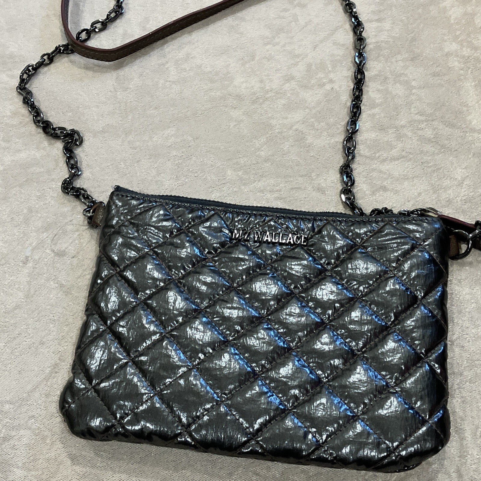 MZ Wallace Gray Zip Crossbody Bag Chain Strap Lined Pockets
