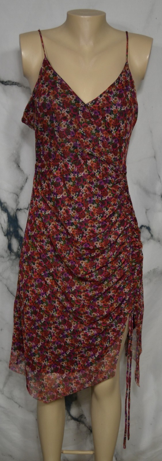 BCBGENERATION Black Multicolor Floral Spaghetti Strap Ruched Dress 14 Asymmetric