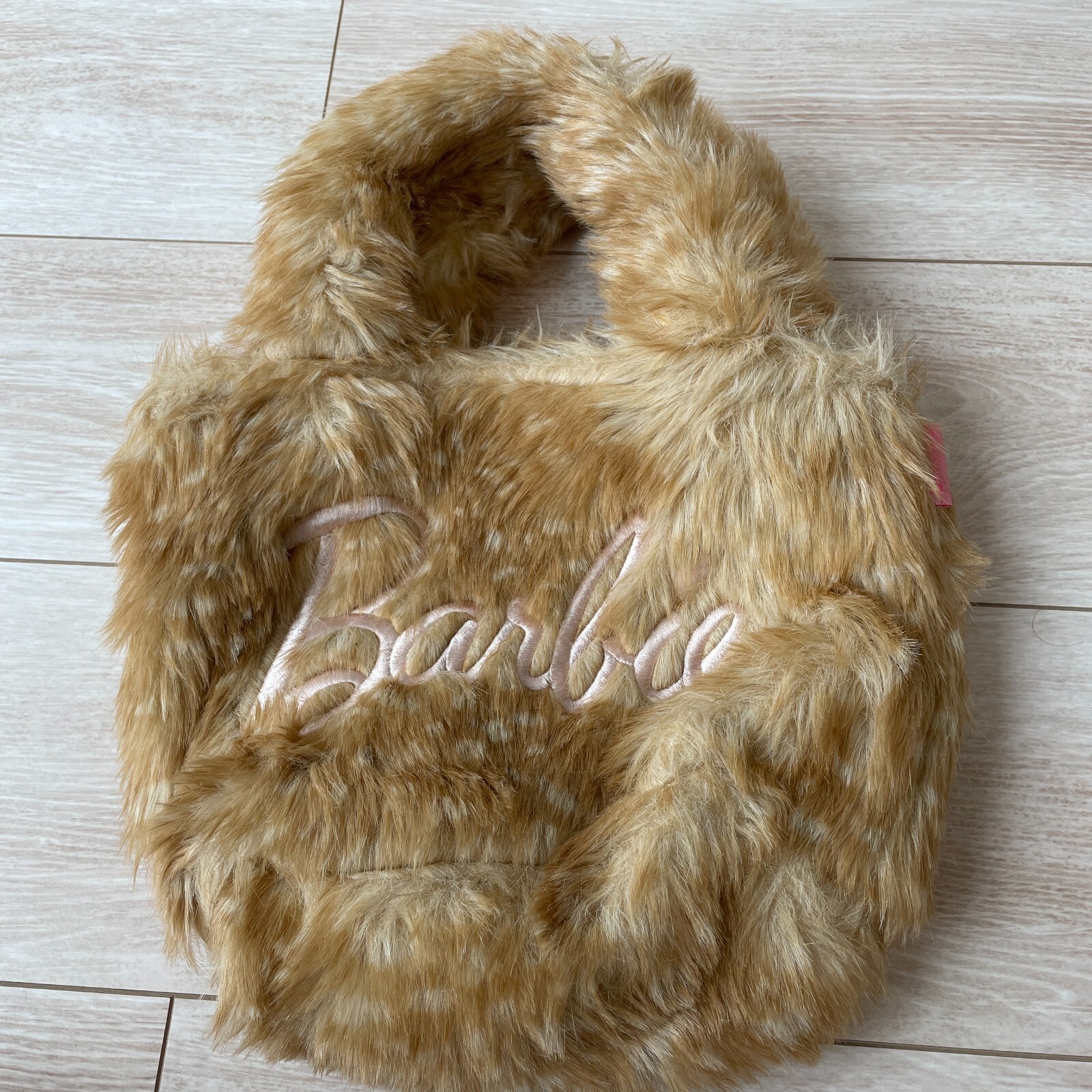 Barbie Faux Fur Hand Bag Iconic Embroidered Wallet Beige W11×H7×D4inch Movie
