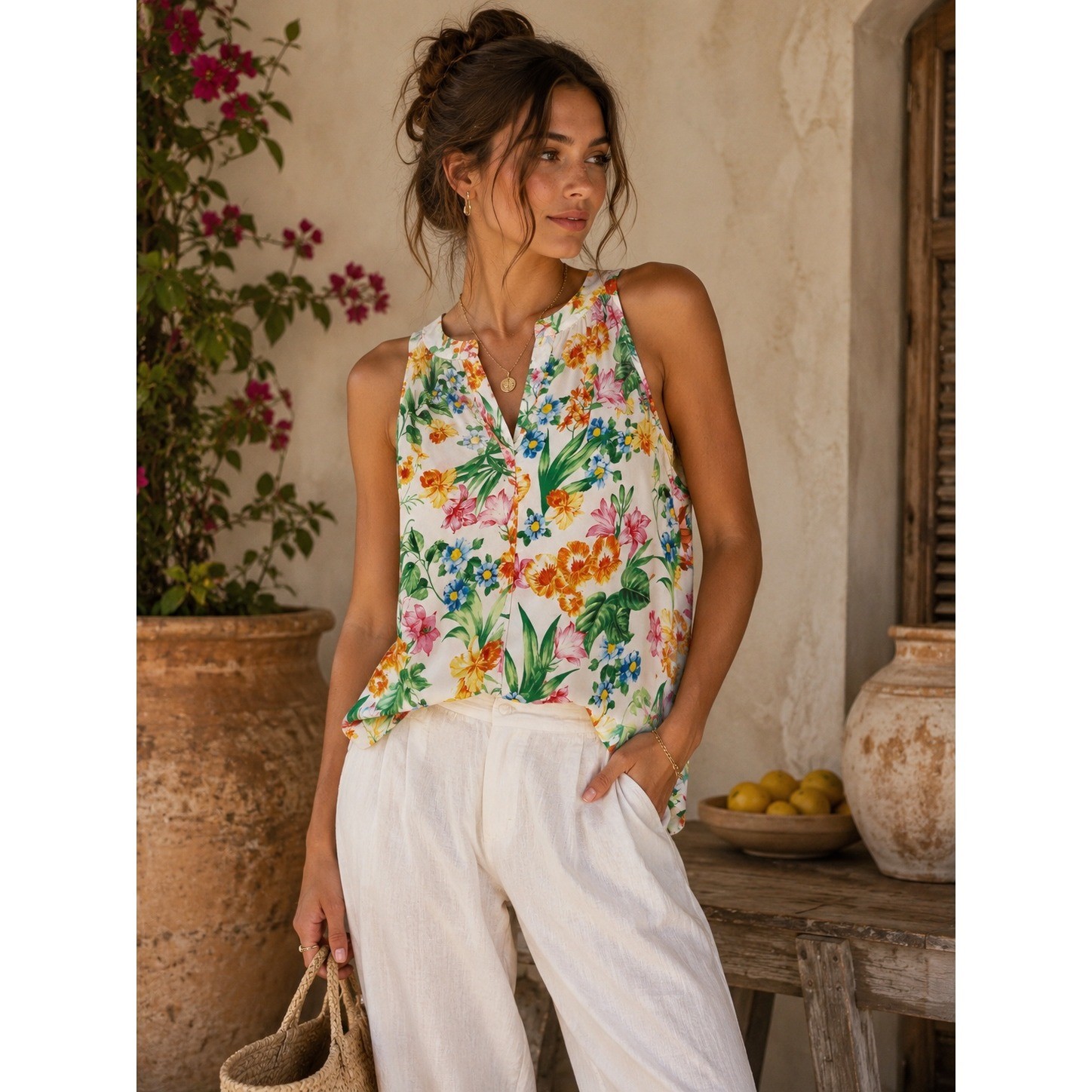 Tropical Floral Sleeveless Blouse Botanical Garden Cottagecore Top L